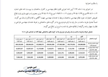 🔺ابلاغ جدول هزینه ساخت و تعرفه خدمات مهندسی سال ۱۴۰۵